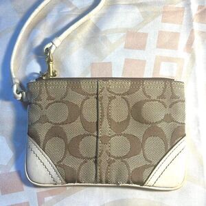Coach Signature C Khaki Wristlet with White Leather Trim - GUC